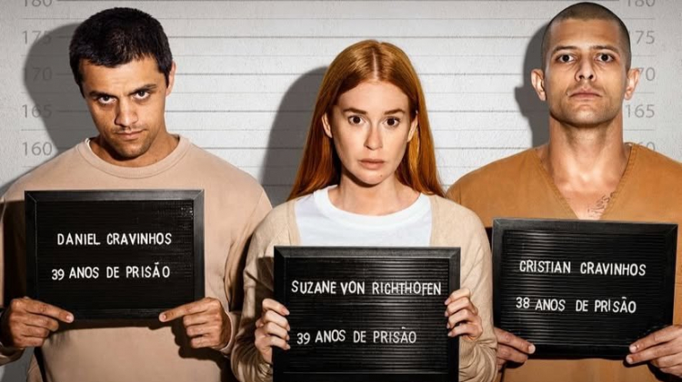 Felipe Simas (Daniel Cravinhos), Marina Ruy Barbosa (Suzane von Richthofen), Kelner Macêdo (Christian Cravinhos) caracterizados para a série "Tremembé"