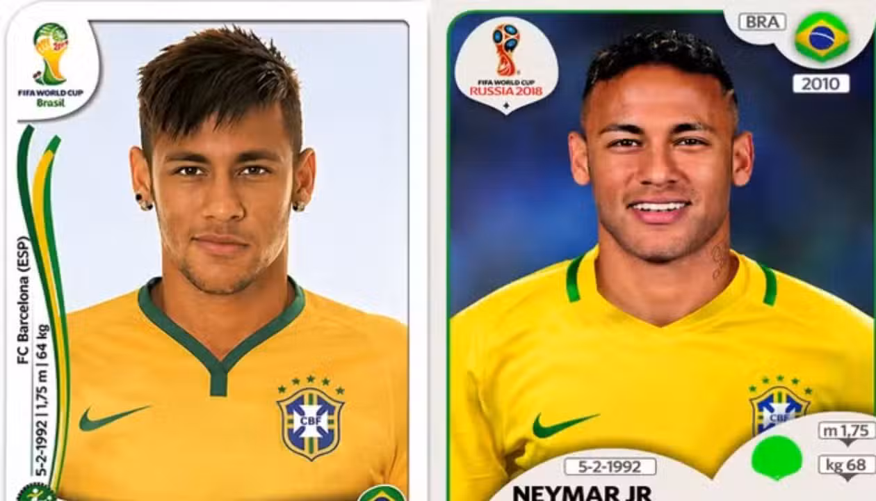 Figurinhas de Neymar nos álbuns das últimas Copas do Mundo